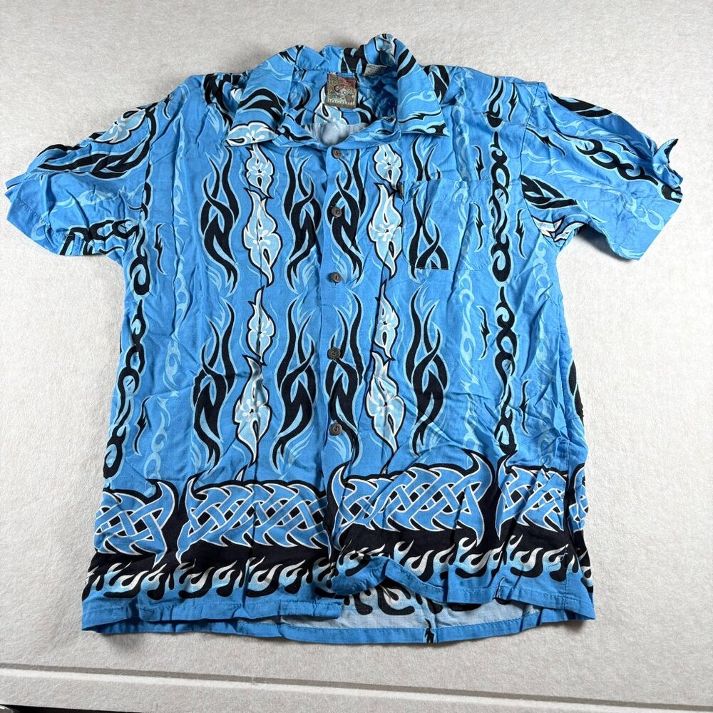Pineapple Connection Hawaiian Shirt XL Blue Tribal Flame Rayon Aloha Camp